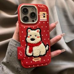 新年红波点西高地皮质苹果16promax手机壳iPhone15刺绣14防摔13女