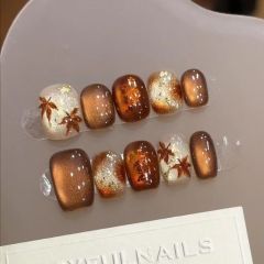 美拉德纯手工穿戴甲猫眼爆闪手绘枫叶棕色显白ins辣妹学生美甲秋